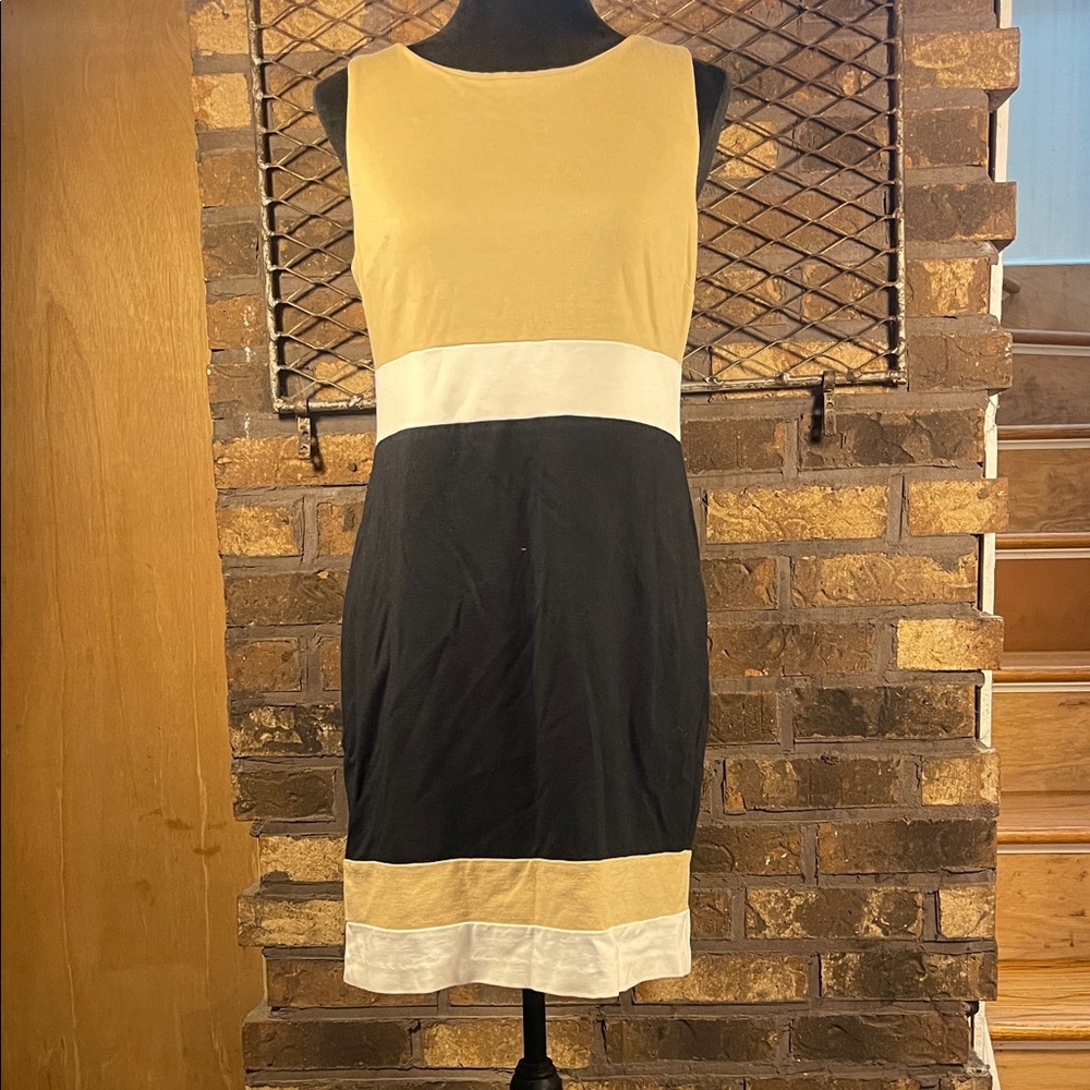 Vince Camino Color Block Tan, White, Black Sleeveless Shift Dress